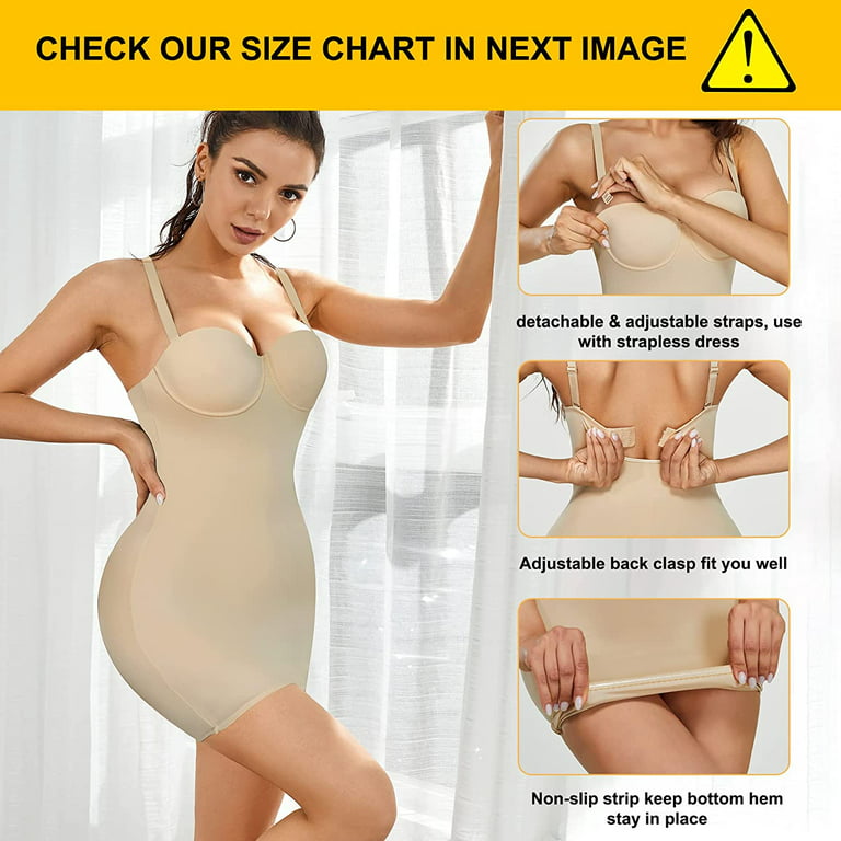 Molutan Women Full Slip Shapewear Bodysuit for Under Dresses Lingerie Tummy  Control Body Shaper Slimming Girdle Built In Bra(Beige, 2XL) 