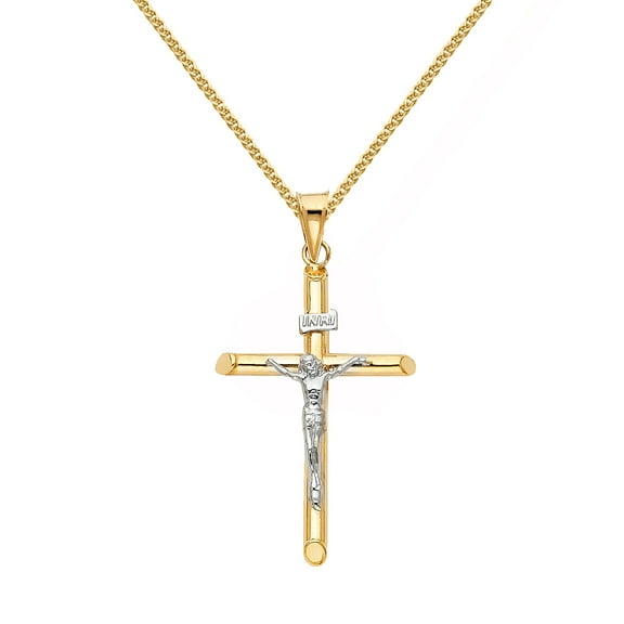 14k Two-tone Solid Gold Crucifix Religious Pendant with 2-mm Flat Wheat Chain