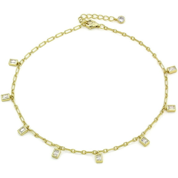 .925 Sterling Silver Gold Plated Emerald CZ Charm Anklet, Paper Clip Ankle Bracelet, Giorgio Bergamo Gold