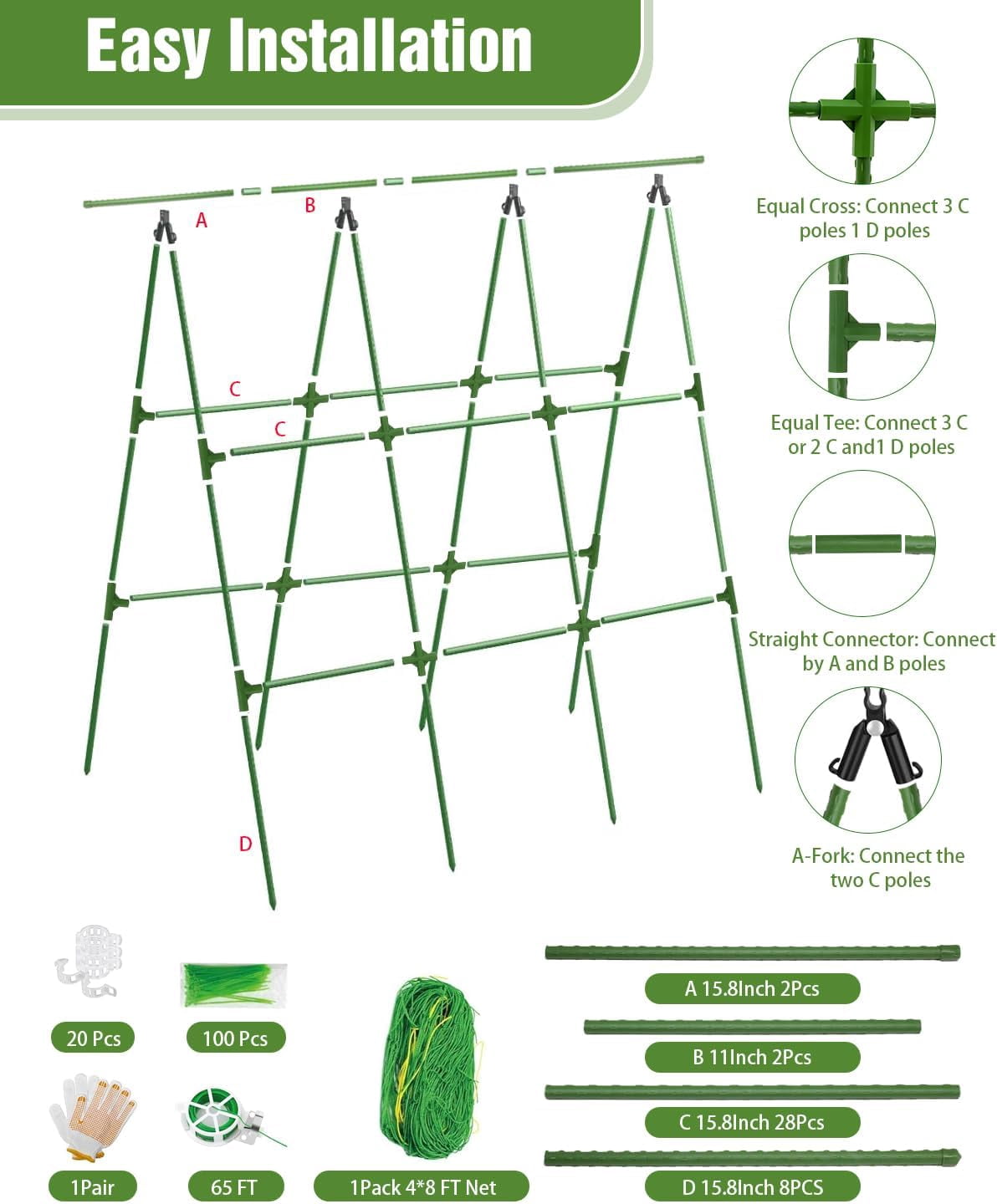 A-Frame Cucumber Trellis for Raised Beds, 47" Hx 57" L Adjustable Size, Garden Trellis for Climbing Plant Outdoors with Climbing Net and Plant Support Clip for Vegetable Vine Pea Bean Tomato