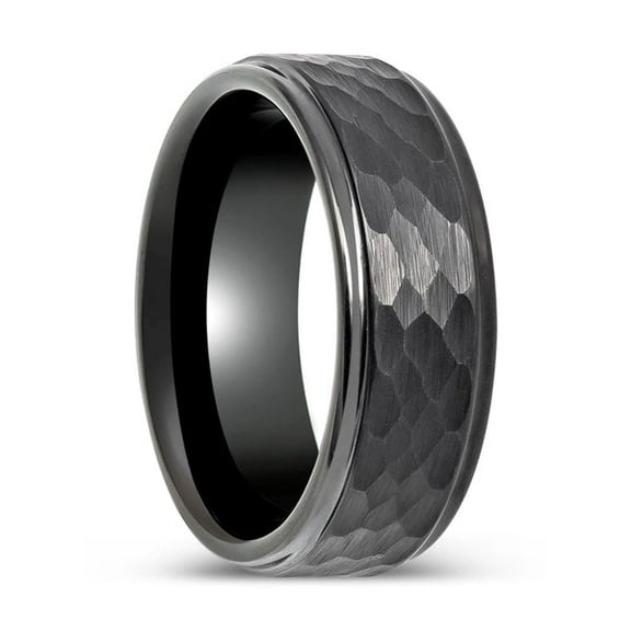 RUGGED | Gunmetal Tungsten Ring, Hammered, Stepped Edges