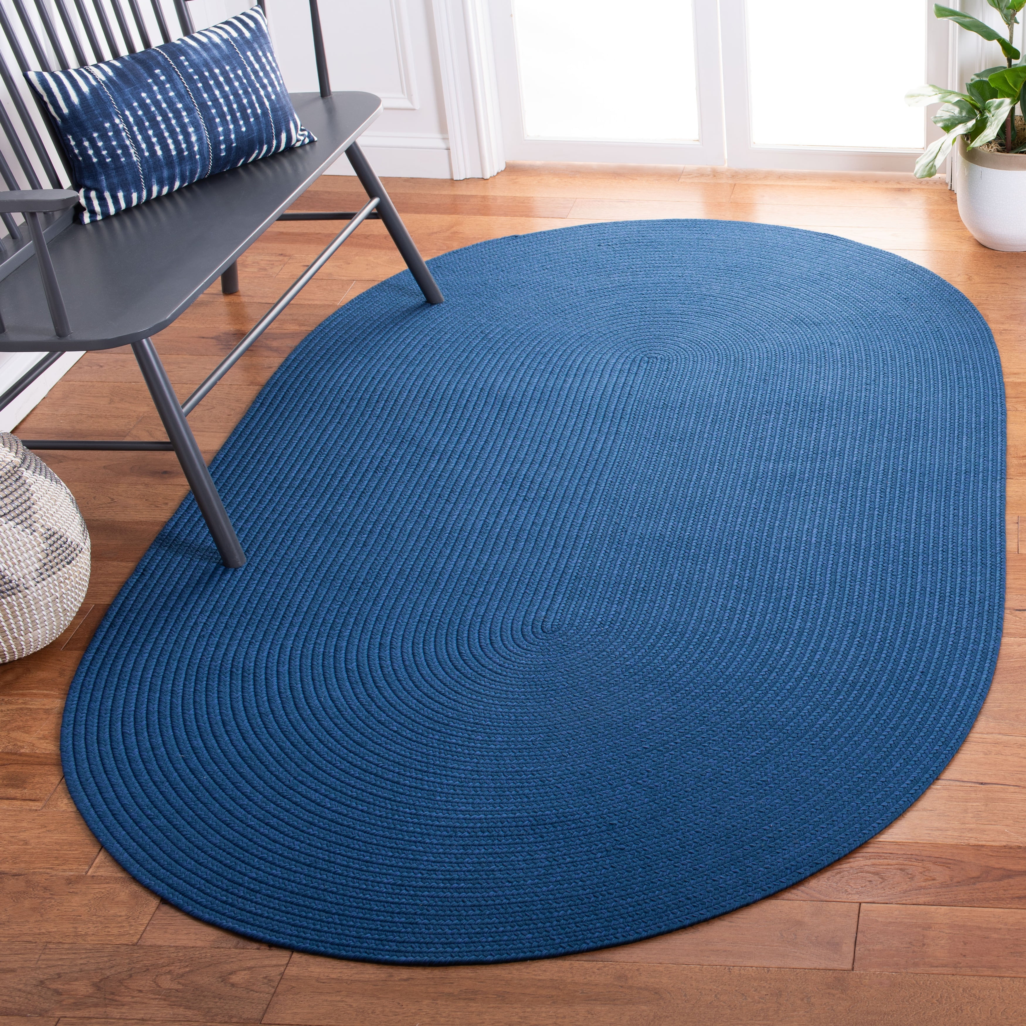 Traditional 2' x 5' Oval Farmhouse Braided Rug Handcrafted Indoor Outdoor Geometric Ombre Pattern Textured Reversible Durable Flat Braid Colorful Green Deep Blue Area Rug for Bedroom Living Room 