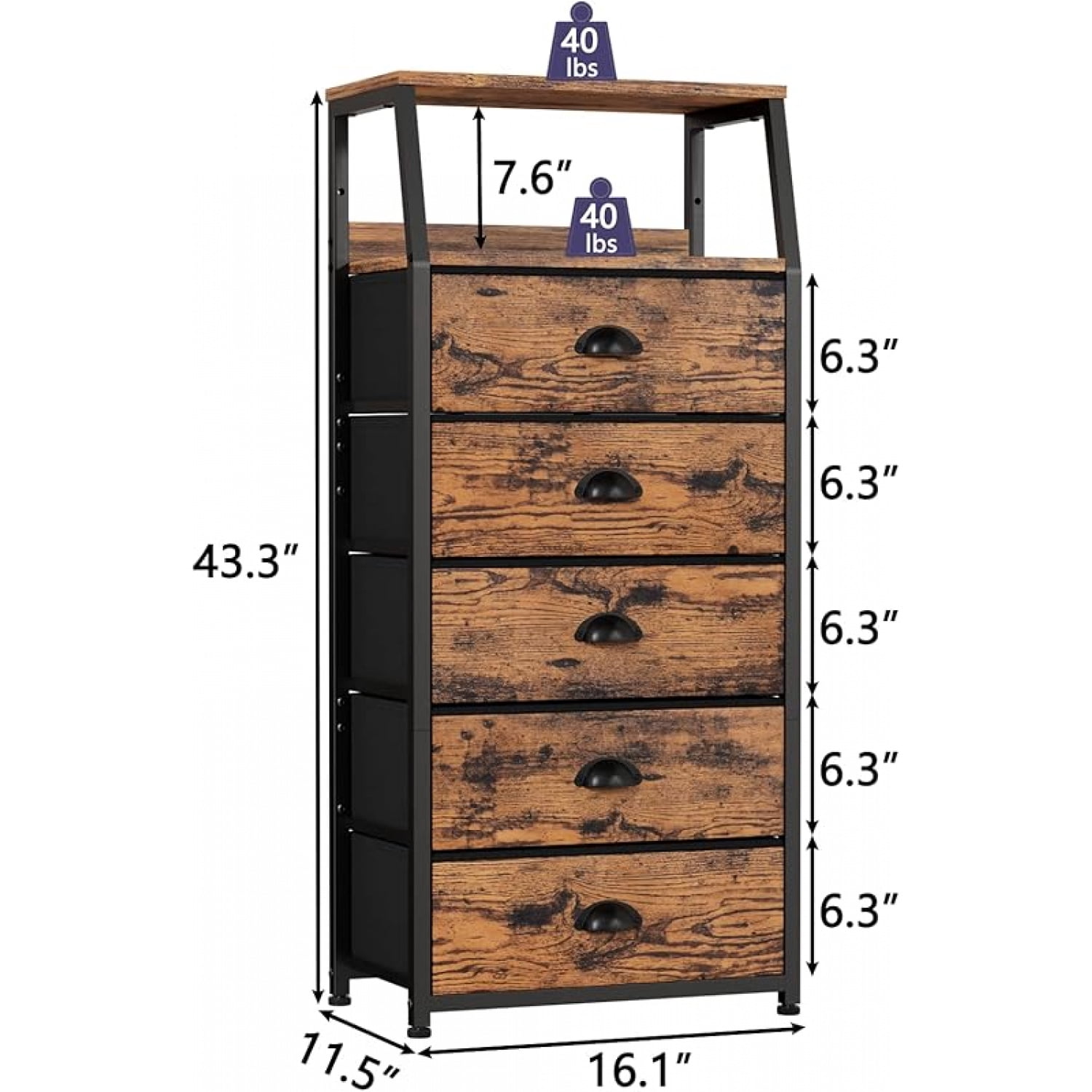 Tall 5Drawers Dresser, Vertical Storage Tower for Bedroom, Hallway, Entryway, Nursery, Closet Organizer, Nightstand Bedside Table Furniture, Sturdy Steel Frame, Wood Top