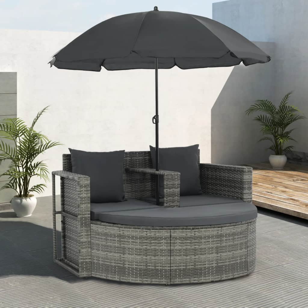 2 Seater Garden Sofa with Cushions and Parasol Gray Poly Rattan