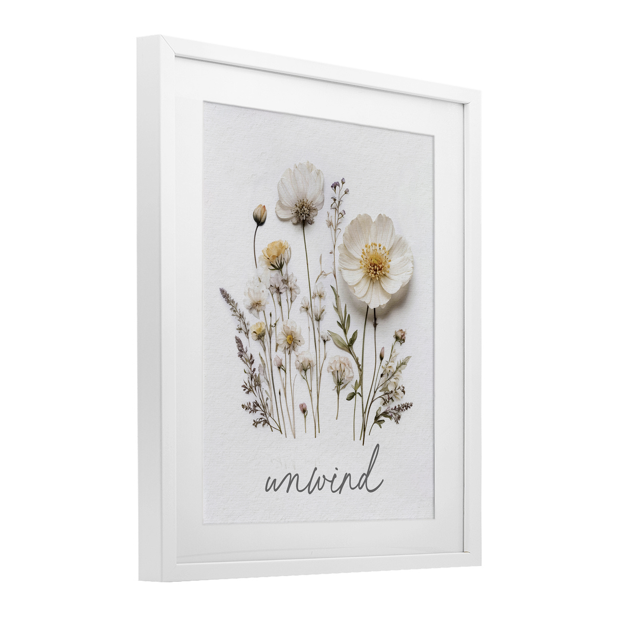 Pressed Flowers Unwind White Framed Print Under Glass, design by Lettered and Lined