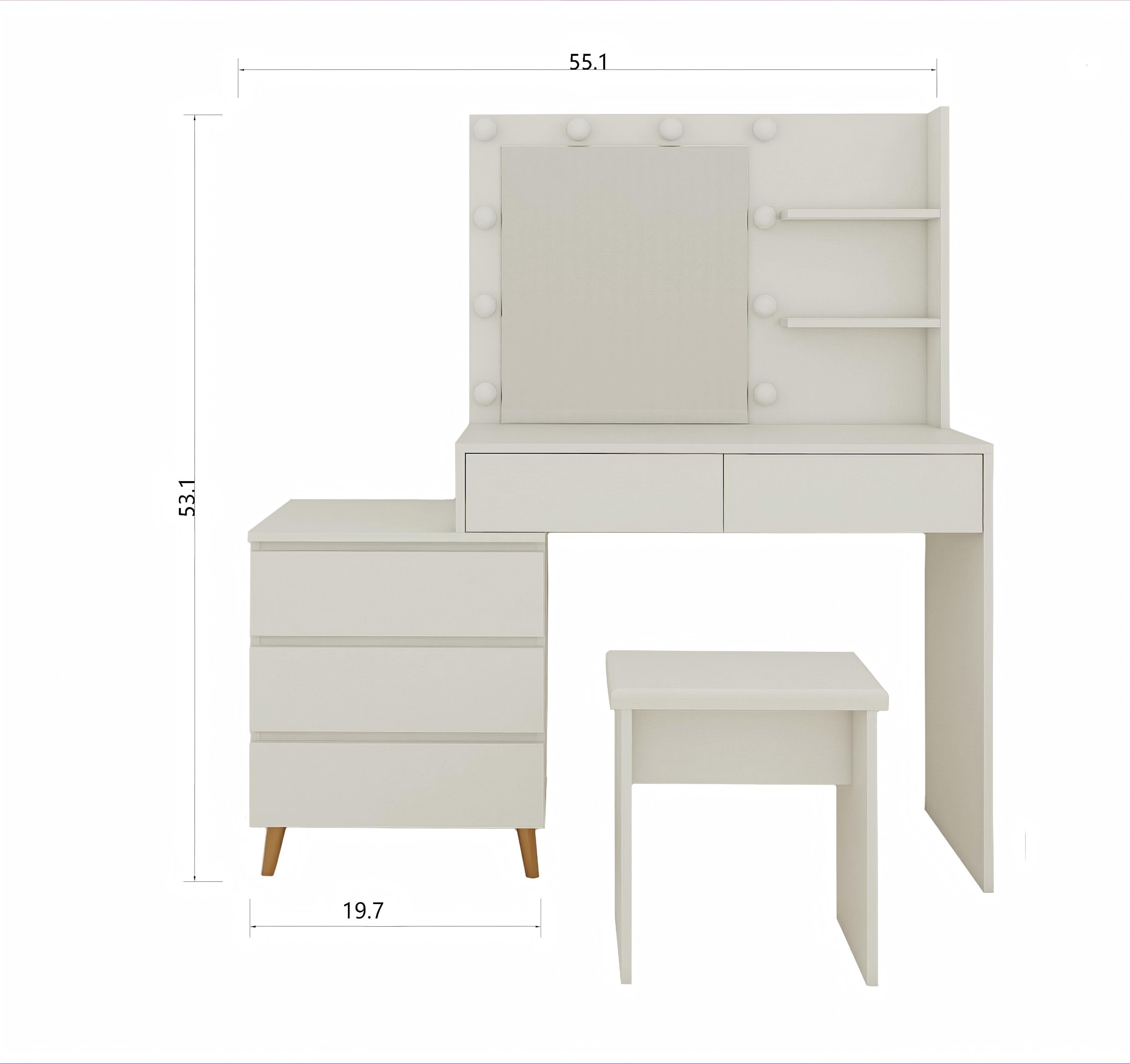 LED Makeup Vanity Table with Mirror, Storage Drawers, Matching Stool and Organizer Compartments, White Beauty Station for Bedroom, 55.1"x15.7"x53.1"