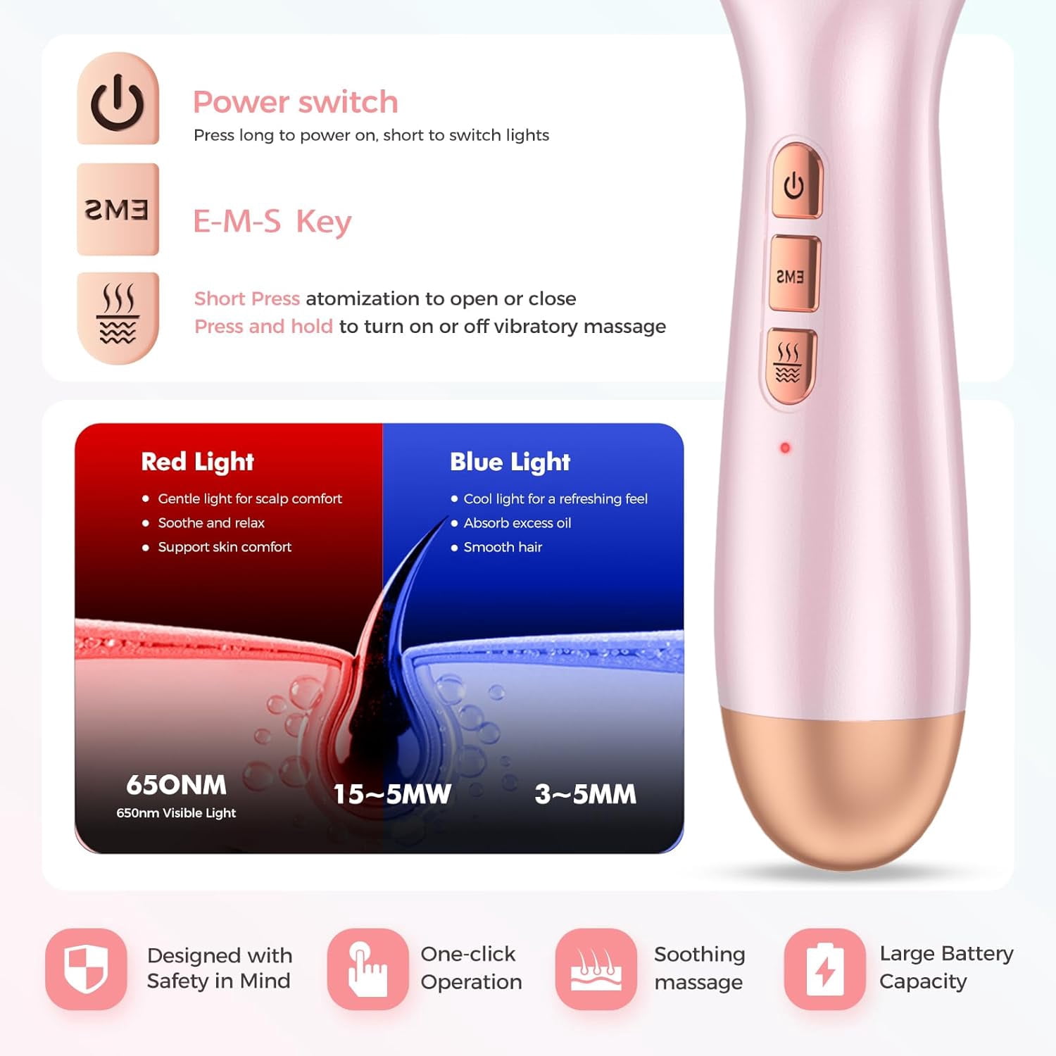 Laser Hair Growth Comb, Hair Oil Applicator Brush, Red Blue Light Phototherapy Vibration Hair Regrowth Brush for Hair Growth & Anti Hair Loss (Pink)