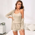 thumbnail image 1 of Conjunto de pijama de 3 piezas para mujer, camiseta de punto acanalado, pantalones cortos, ropa de dormir suave con bata y cárdigan, 1 of 5