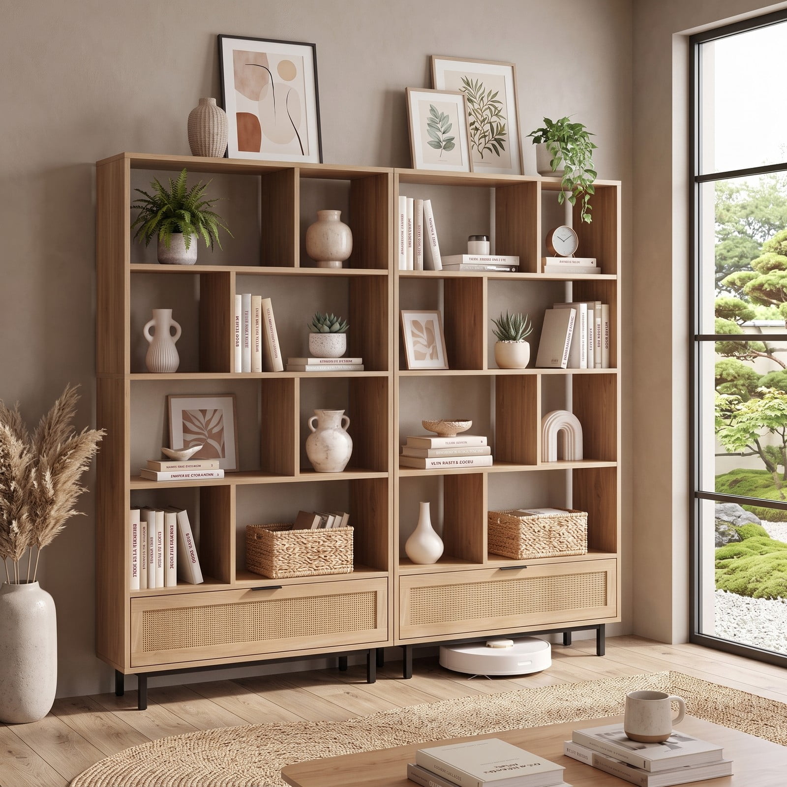 Furnibear 64 inch 6-Tier Tall Wooden Bookcase with 8 Open Cubes and Drawer, Freestanding Cube Storage Bookshelf with Rattan Accents and Anti-Tip Kit for, Natural