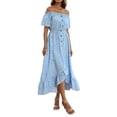 thumbnail image 2 of VISgogo Vestido de mujer, estampado floral, hombros descubiertos, manga corta, decoración de botones, dobladillo con volantes, vestido de blusón VISgogo  moda, 2 of 9