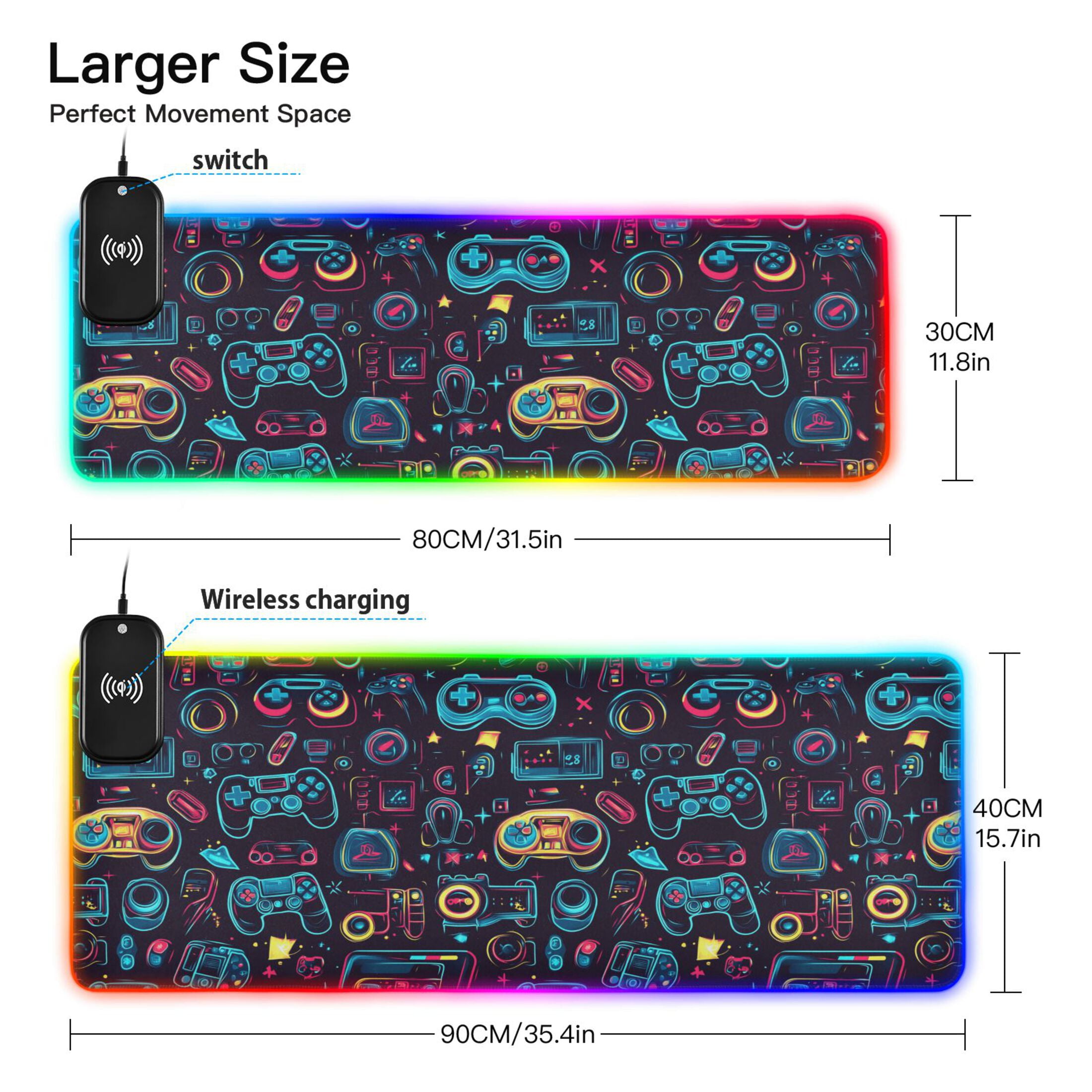 RGB Gaming Mouse Pad 15W Wireless Charging Large Waterproof Desk Mat 13 Light Modes Mousepad 31.5x11.8 Neon Game Controllers