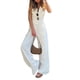 thumbnail image 3 of Trajes De Verano De 2 Piezas Blusas de mujer Pantalones superiores Cintura elástica Lino Turn Down Collar Cuello en V Traje diario Cgtredaw Blanco L para Mujer, 3 of 7
