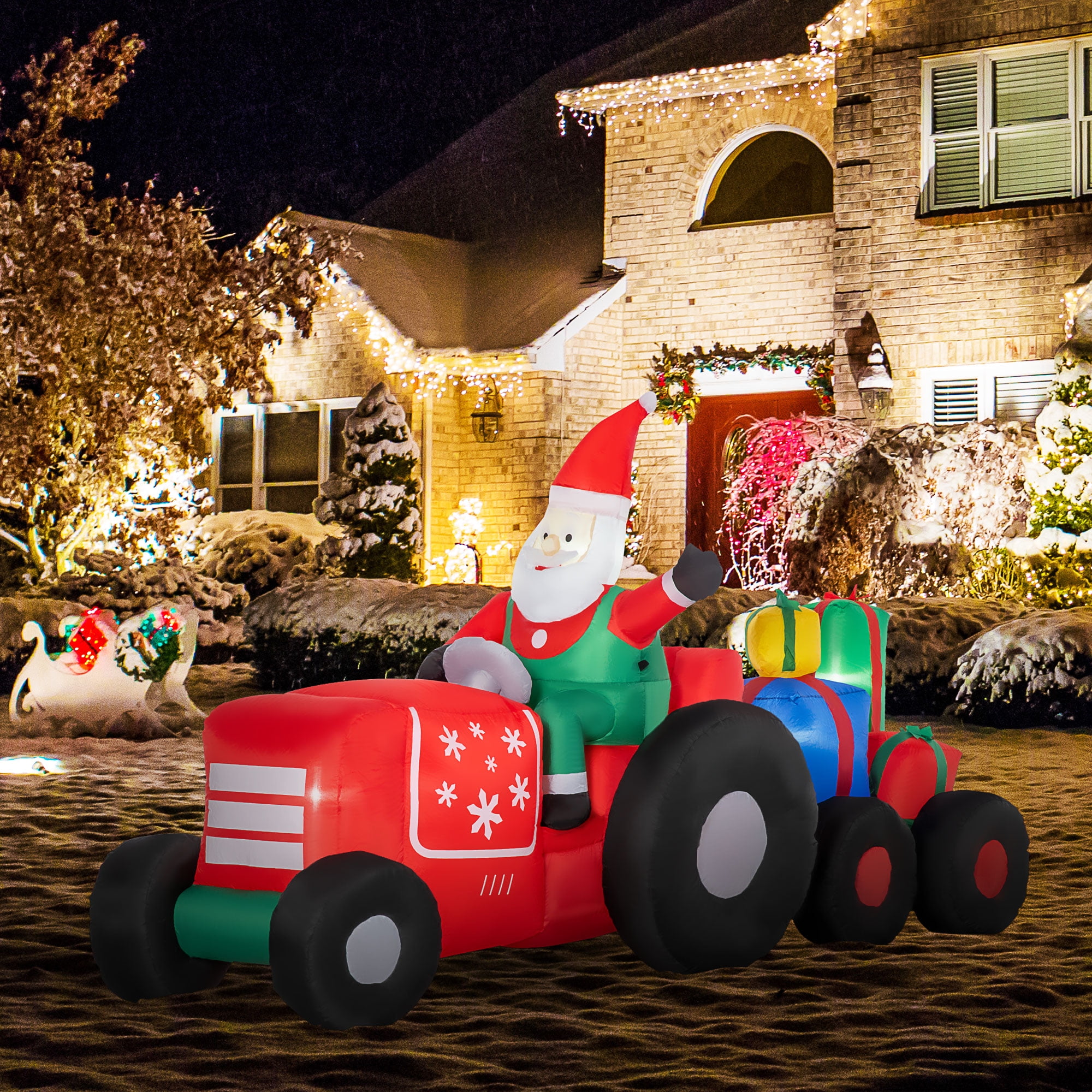 Inflatable Santa Claus Driving Trailer with Gift Boxes LED Lights Outdoor Yard Christmas Decoration
