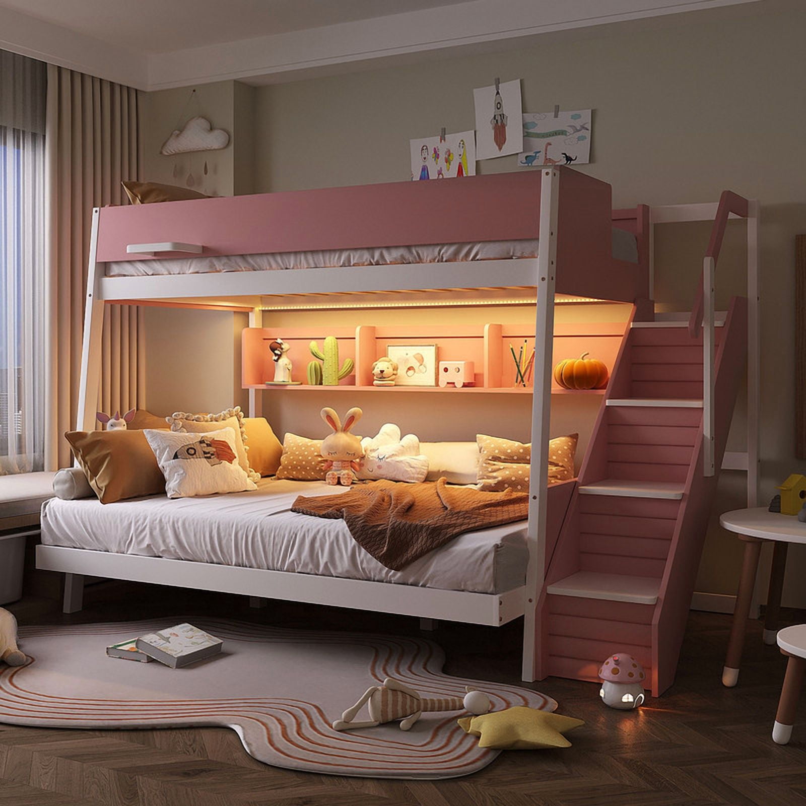 Twin over Full Bunk Bed with Striped-Design Staircase, Kids Teens Wooden Storage Bed Frame with Side Shelves