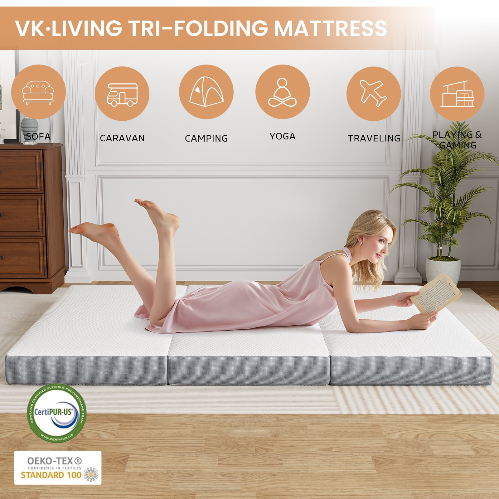 VKLIVING Tri-Fold Memory Foam Mattress,6 Inch Portable Floor Mattress with Washable Cover, Non-Slip Bottom & Breathable Mesh Sides for Guest Bed, Camping, Home, RV