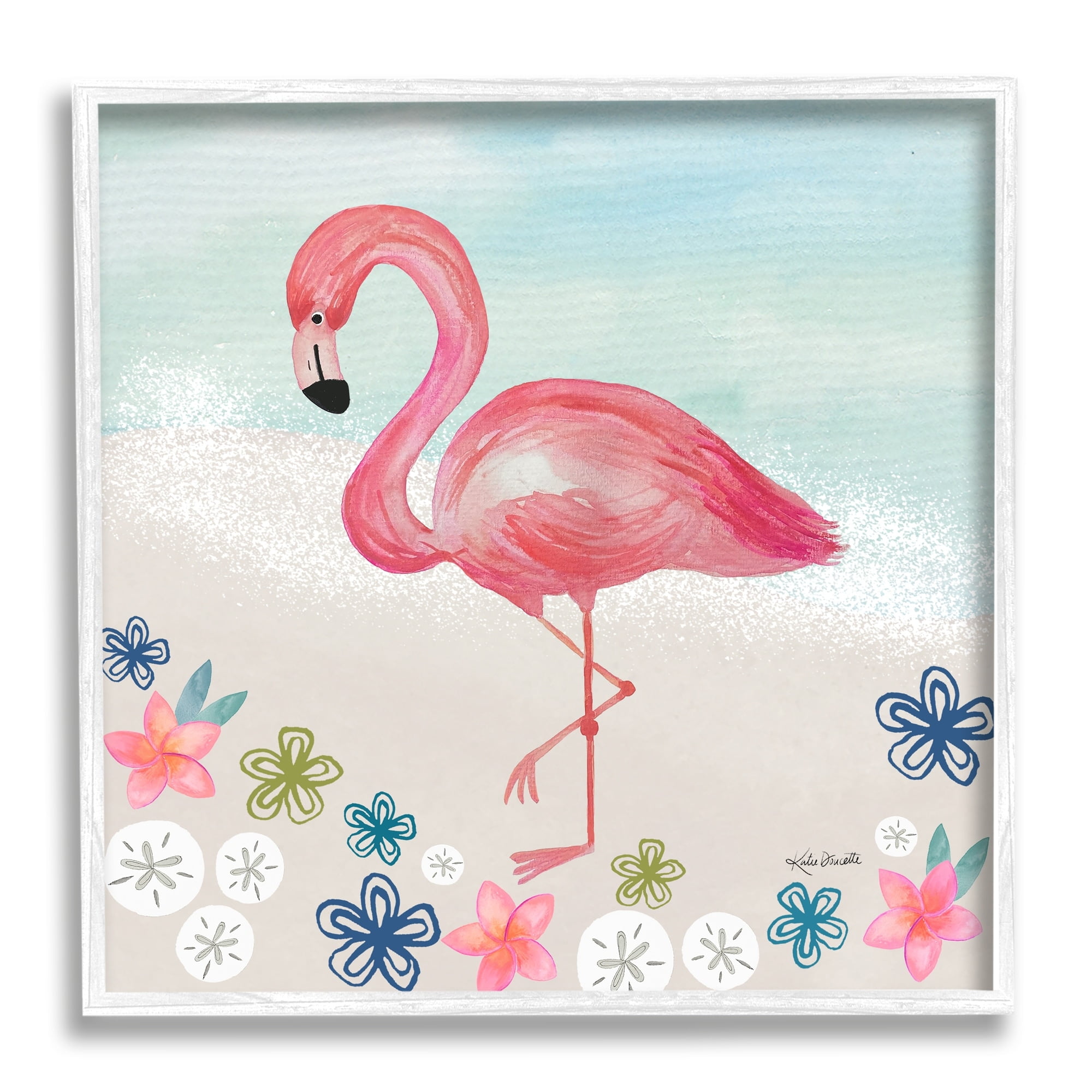 Stupell Industries Flamingo Among Sand Dollars Flowers Beach Shore Framed Wall Art, 24 x 24, Design by Katie Doucette