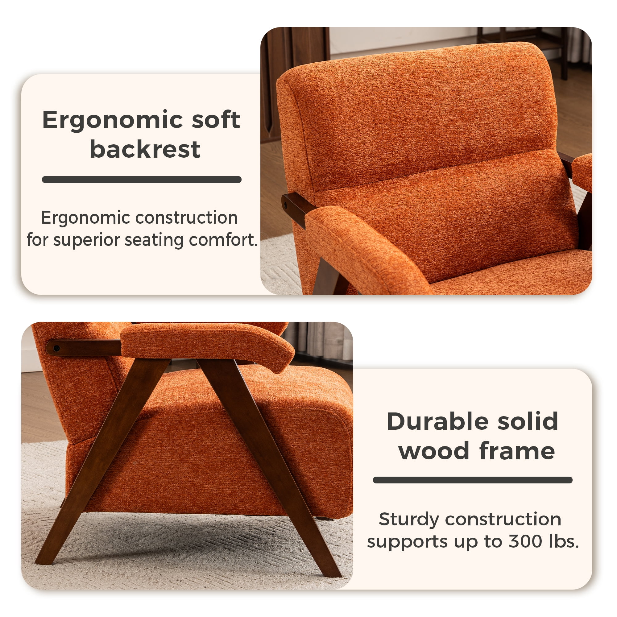 MOONMISS Mid-Century Accent Chair（Set of 2），Armchair for Living Room with Thick Cushions,Orange
