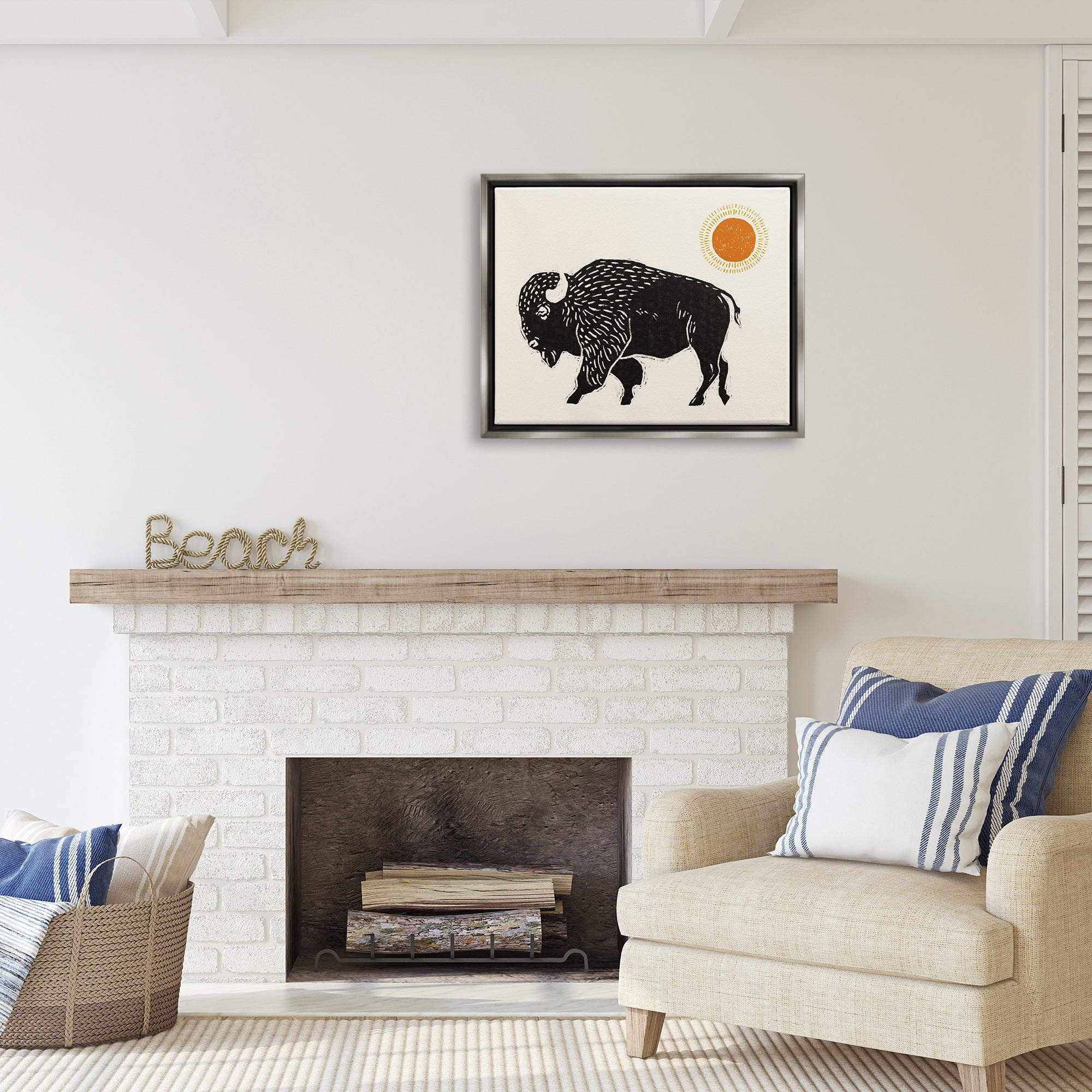 Stupell Industries Boho Bison Facing Left Animals & Insects Painting Gray Floater Framed Canvas Art Print Wall Art, 31 x 25