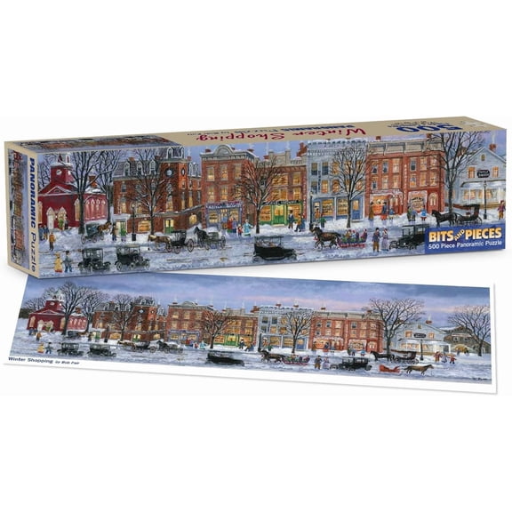Bits and Pieces Panoramic Jigsaw Puzzle Winter Shopping Vintage Americana 500 Piece Christmas Scene 12 x 36 Inch