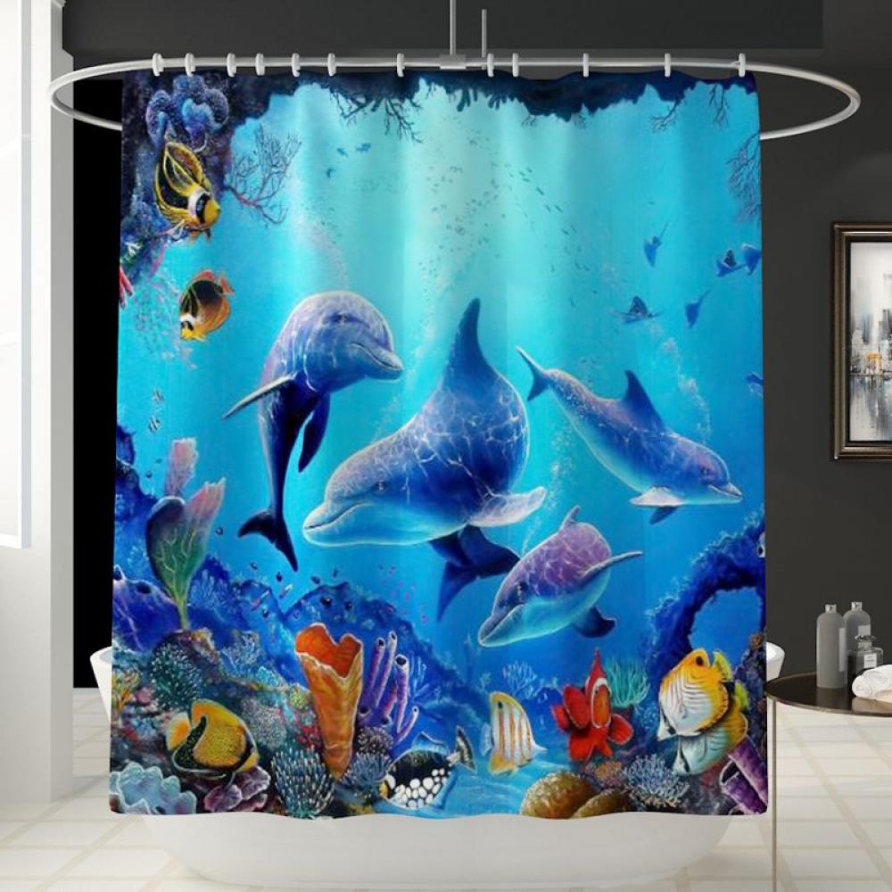 Underwater World Dolphins Fish Plants Pattern Shower Curtain Set Bathroom Decor