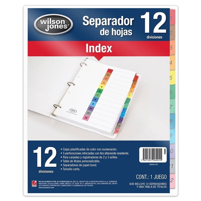 Separador numerado Wilson Jones P6991 tamano carta cejas plastificadas, 1 juego