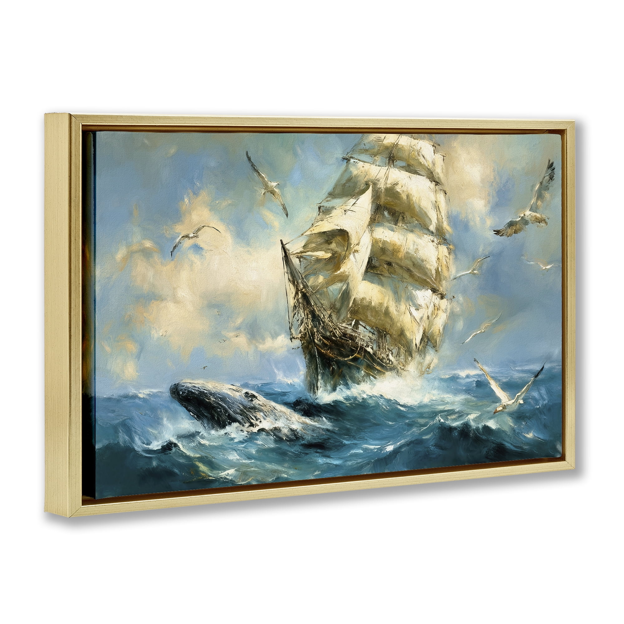 Stupell Industries Clipper Ship & The Whale Gold Framed Floater Canvas Wall Art, design by Tina LeCour