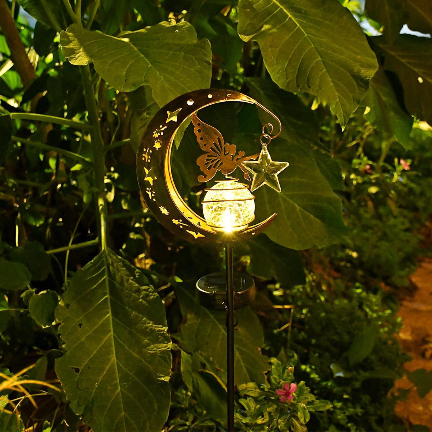 Solar Lights Garden Decorations Outdoor-Moon Fairy Lights with Crackle Glass Globe,Lawn Decorative Lights Waterproof Warm White LED, Decoration for Pathway Lawn Patio Courtyard Backyard(Moon Elf)