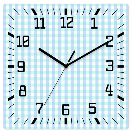 Aqua Blue Green Wooden Wall Clock Silent Non Ticking, Checkered Plaid Gingham Lattice Trellis Square Wall Clocks Battery Operated, Decor Clock for Home Office, Living Room, Kitchen, 12 Inch