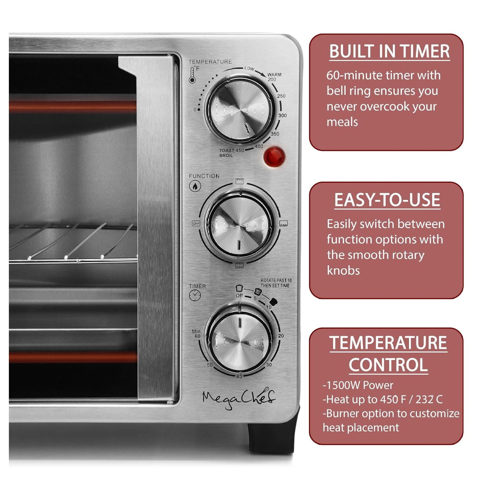 26.4 Quart French Door Multi-Function Stainless Steel Electric Toaster Oven with Temperature & Timer Control and Broil, Bake & Toast Functions