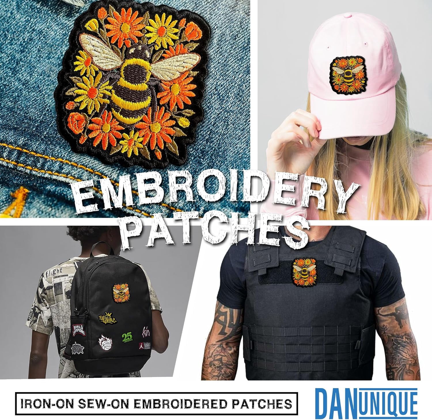 Bumble Bee Floral Patch 3" Nature Wildflower Bee Embroidered Patches Animals Insect Lover Embroidery Patch for Caps, Bags, Backpacks, Hat, Jackets, Uniform DIY PVC Gifts for Her Him 3 Inches