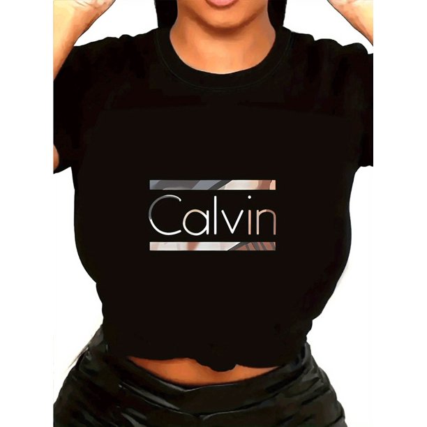 Women's Casual T-Shirt | Calvin Letter Print | Round Neck, Short Sleeve |Cotton& Spandex Blend | Glossy Finish | Machine Washable | All-Season Comfort Fit | Multi-Color Design