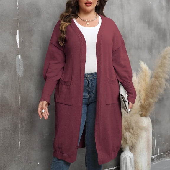 Antqov Cardigan Sweaters for Women, Solid Color Tapered Sleeves Long Oversized Sweater Coats with Pockets, Outdoor Fashion Casual Chunky Cardigans