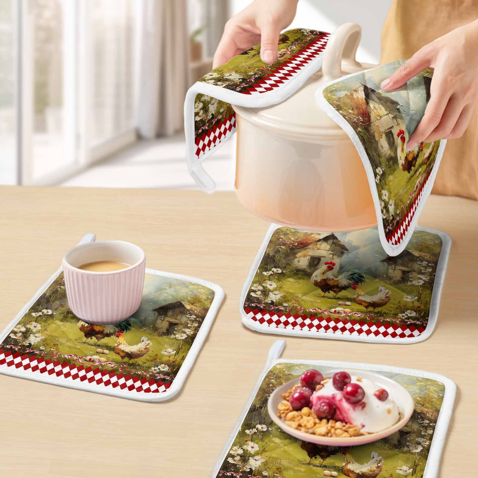 Farmhouse Rooster Pot Holders for Kitchen Heatproof Potholder, 5 Pack Vintage Rustic Plants Oil Painting Hot Pads Multipurpose Oven Pads Cloth Potholders Trivet for Cooking Baking