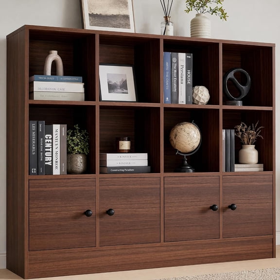 Cozy Castle Brown Wood Bookcase,12 Cube Storage Organizer Bookshelf with 4 Doors,3 Tier Storage Cabinet with Adjustable Shelves for Bedroom, Living Room, Office