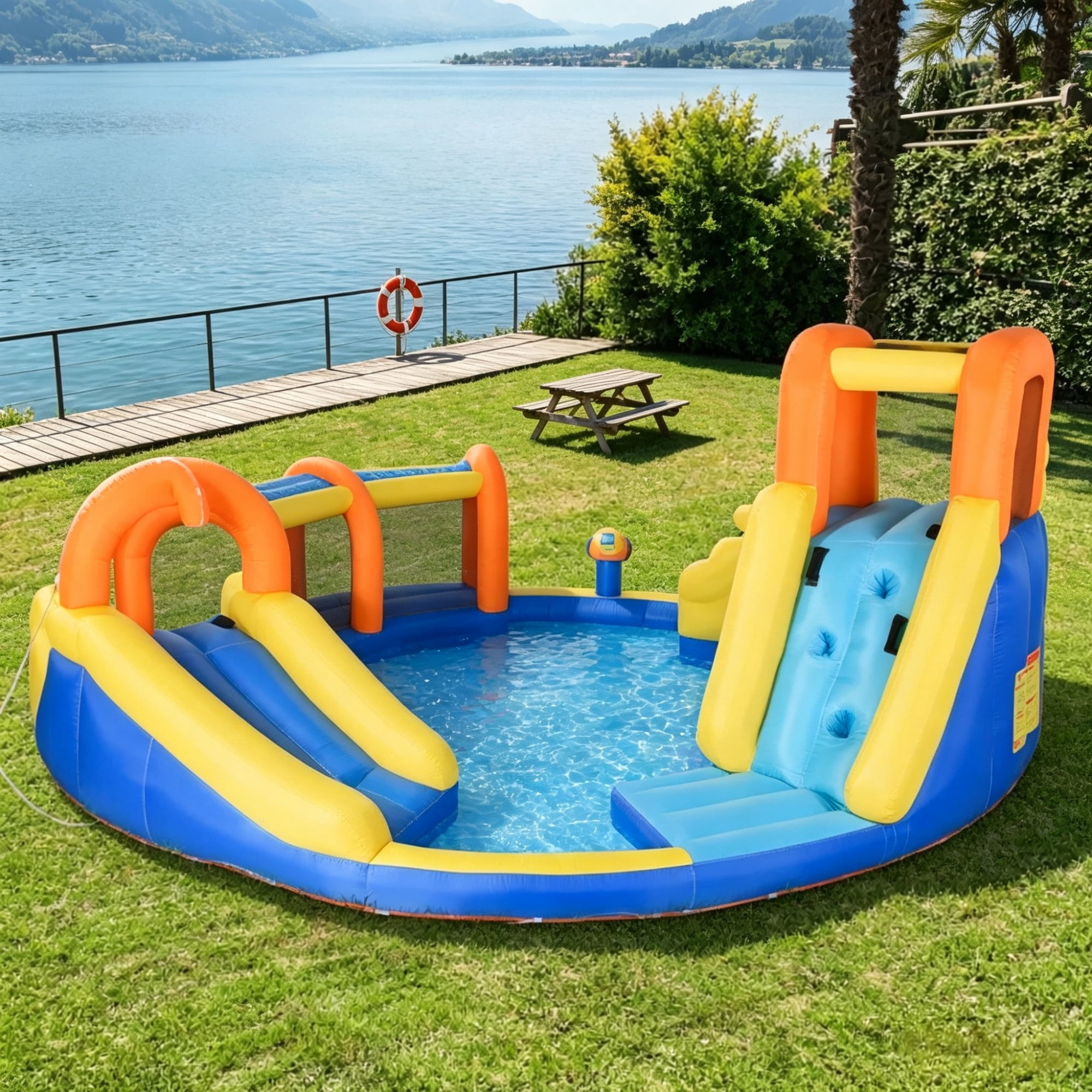 6-in-1 Inflatable Water Slide Bounce House, Kids Jumping Castle with Slide, Basket, Pool, Climbing Wall & Tunnel for Backyard Summer Water Party