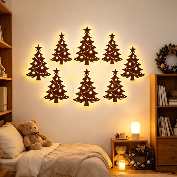Sulaicai 3D Light‑Up Wooden Christmas Tree Decor (7 Pack), Warm Backlit Peel & Stick Entryway Glow, Handmade Real Wood LED Christmas Wall Decor for Living Room, Bedroom, Fireplace