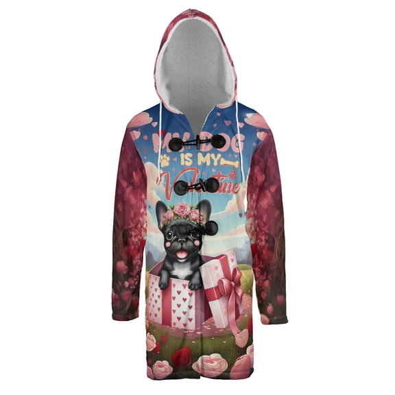 My Dog Is My Valentine Cute French Bulldog in Gift Box All Over Print 3D Hooded Duffle Toggle Coat Dog Lover Gifts - 3006