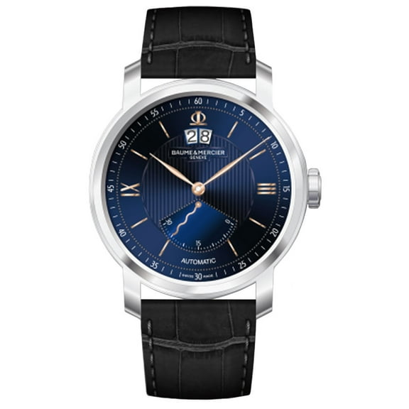 Limited Edition Baume & Mercier Classima Automatic Stainless Steel Blue Dial Black Leather Strap Retrograde Seconds Date Mens Watch M0A10188