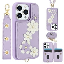 Allytechgroup Stylish Flower Design Apple iPhone 15 Wallet Case, Shockproof Phone Case with Cards Holder, Hand Strap, and Crossbody Shoulder Strap Luxury Case for iPhone 15, Purple