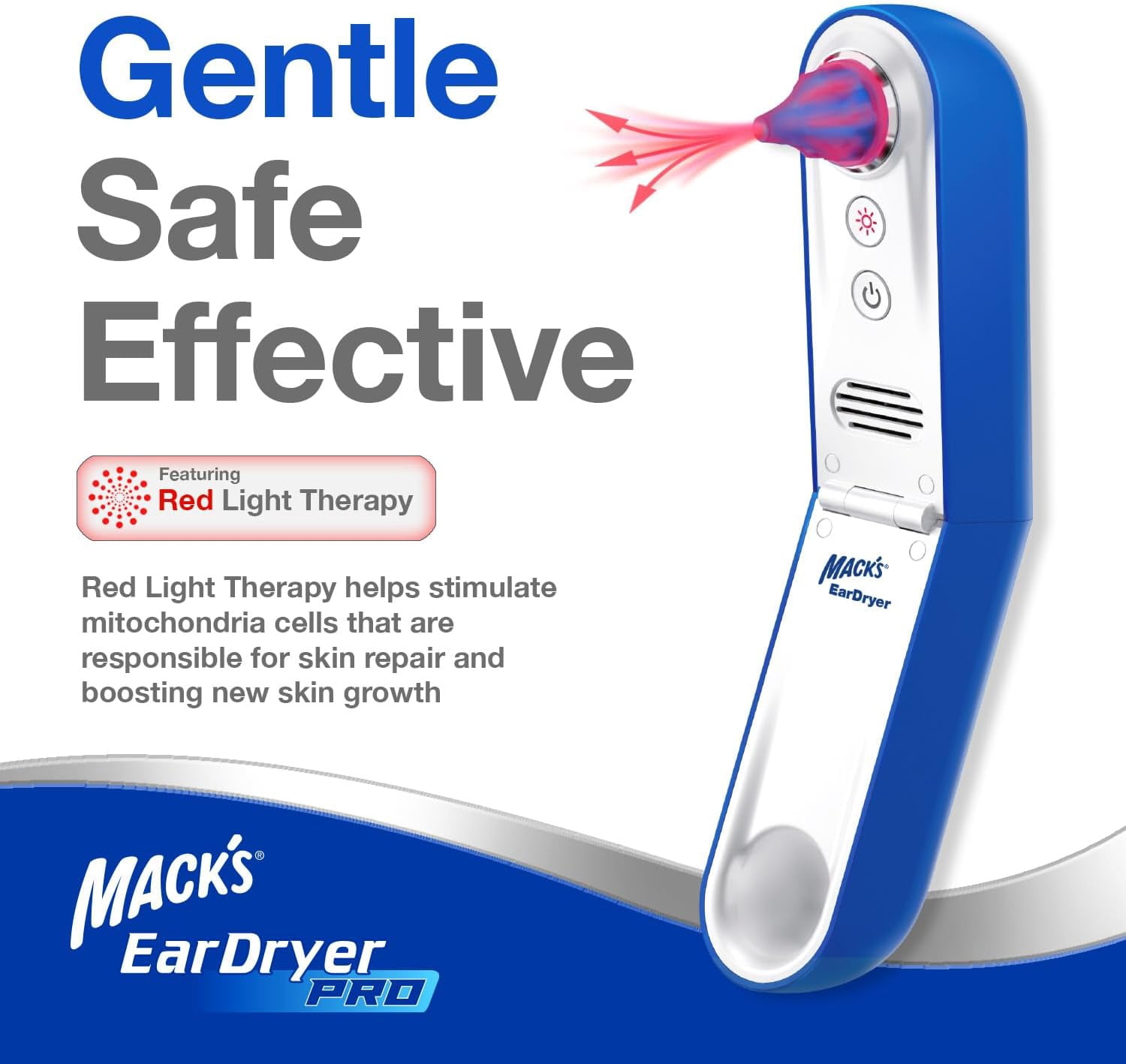 Mack's Ear Dryer PRO Rechargeable Warm Air Ear Water Drying Aid with Red Light Therapy and 3 Power Levels for Swimmers' Ears, Showering, Water Sports, Surfing, Scuba, and Hearing Aids