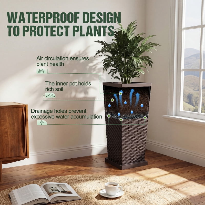 Homall 25" Tall Plastic Planter Set of 2 with Inside Pots, Drainages and Trays, for Outdoor and Indoor