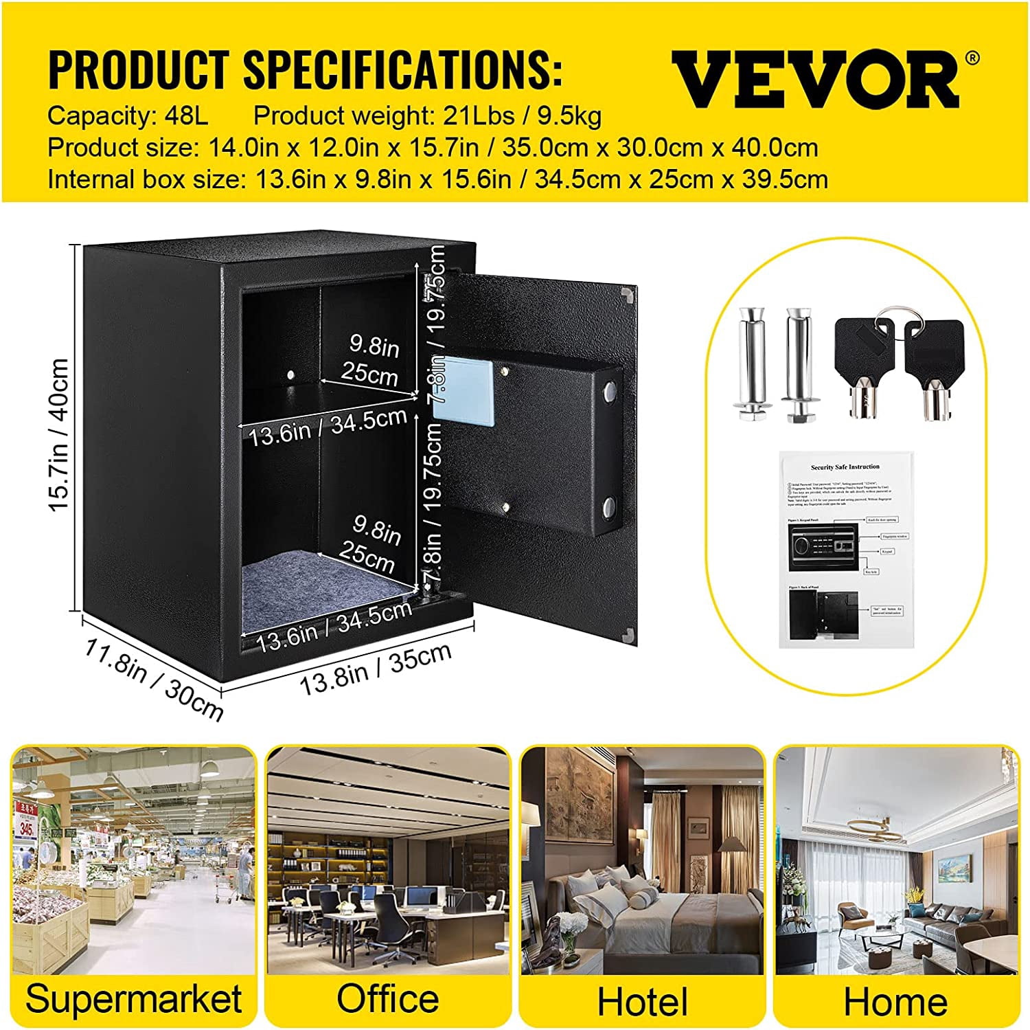 Safe Box, 1.7 CU.FT Fingerprint Safe Box for Money w/ 2 Keys & Digital Keypad, Q235 Steel Fireproof Safe Box for Storing Cash, Jewelry, Pistols, Documents, Watches in Home & Office & Hotel