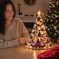 thumbnail image 5 of Illuminated Christmas Town Tree Tabletop Ornament Lighted Village Scene with Church Snowmen Bows and Warm Built In Lights, 5 of 9