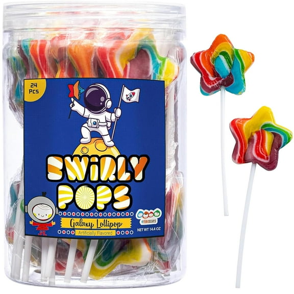 Galaxy Star Lollipops 24 Count, Rainbow Swirl Lollipop Individually Wrap, by 4YoreElves