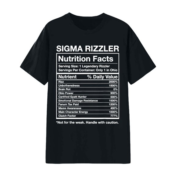XIAOCHA Mens Sigma Rizzler Graphic Tee Crew Neck Nutrition Facts Print T Shirt Lightweight Humorous Streetwear Hangout Top