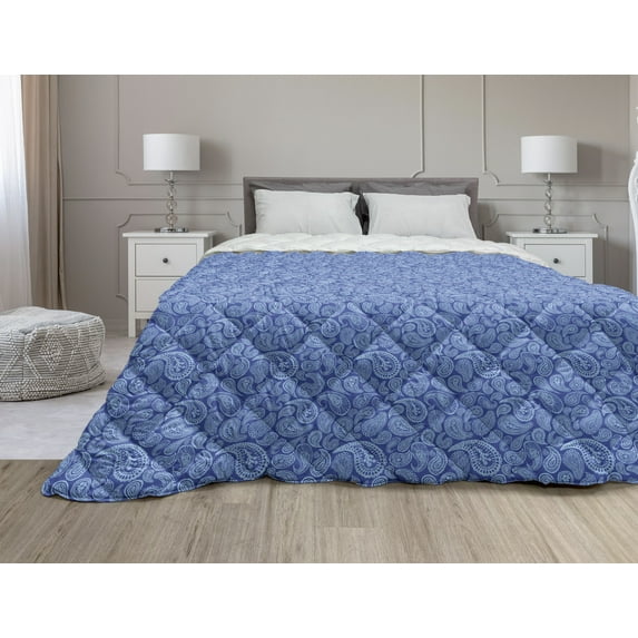 Blue Paisley Down Alternative Comforter, Repetitive Folk Art Pine Cone Shaped Motif in Blue Tones Illustration, Microfiber Quilt for All Season, 5 Sizes, Sky Blue Pale Blue, by Ambesonne