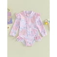 thumbnail image 2 of Bslissey Little Girls One-Piece Swimsuit Floral Print Long Sleeve Ruffle Romper Swimwear Toddler Crew Neck Zipper Bathing Suit 9M-5T Kids Summer Casual Beach Wear, 2 of 9