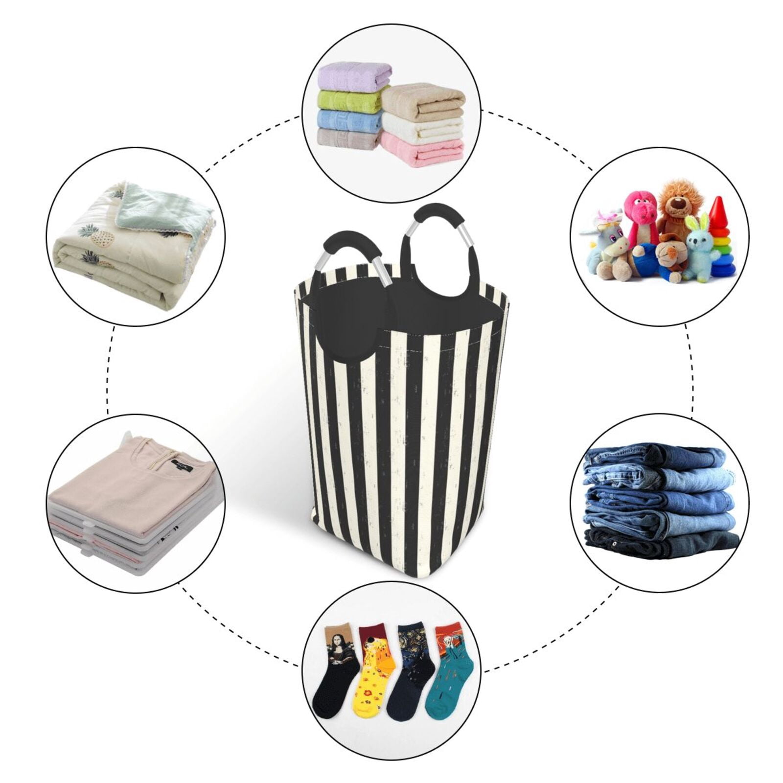Picia Black And White Thick Stripes Laundry Basket With Handles Laundry Hamper Toys Storage Organizer Foldable Bucket Washing Bin Dirty Clothes Bag For Home Bathroom Bedroom Dorm
