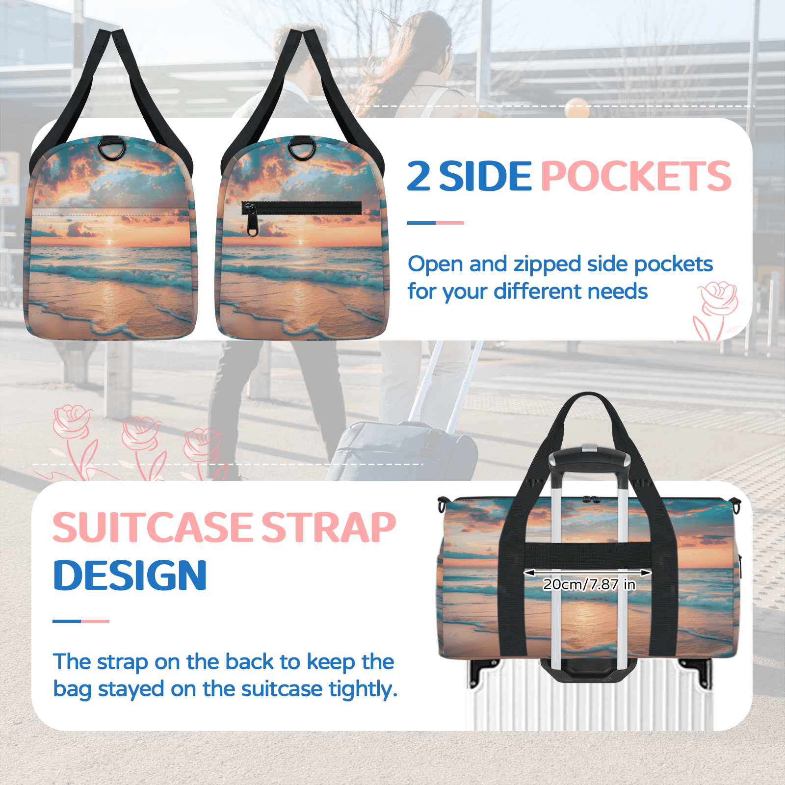 Herdesigns Ocean Beach Sunrise Sunset Gym Bag for Women, Duffle Bag for Travel Sport, Lightweight Waterproof Carry on Weekender Overnight Dance Yoga Workout Bags