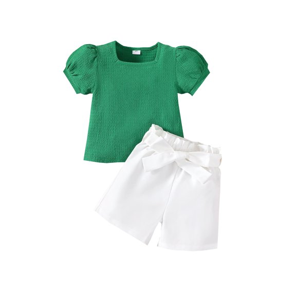 Mikrdoo 4 Years Toddler Baby Girls Summer Outfits Bubble Short Sleeve Solid Color Tops Elastic Shorts Set 2Pcs Clothing From 4T-7Y Green